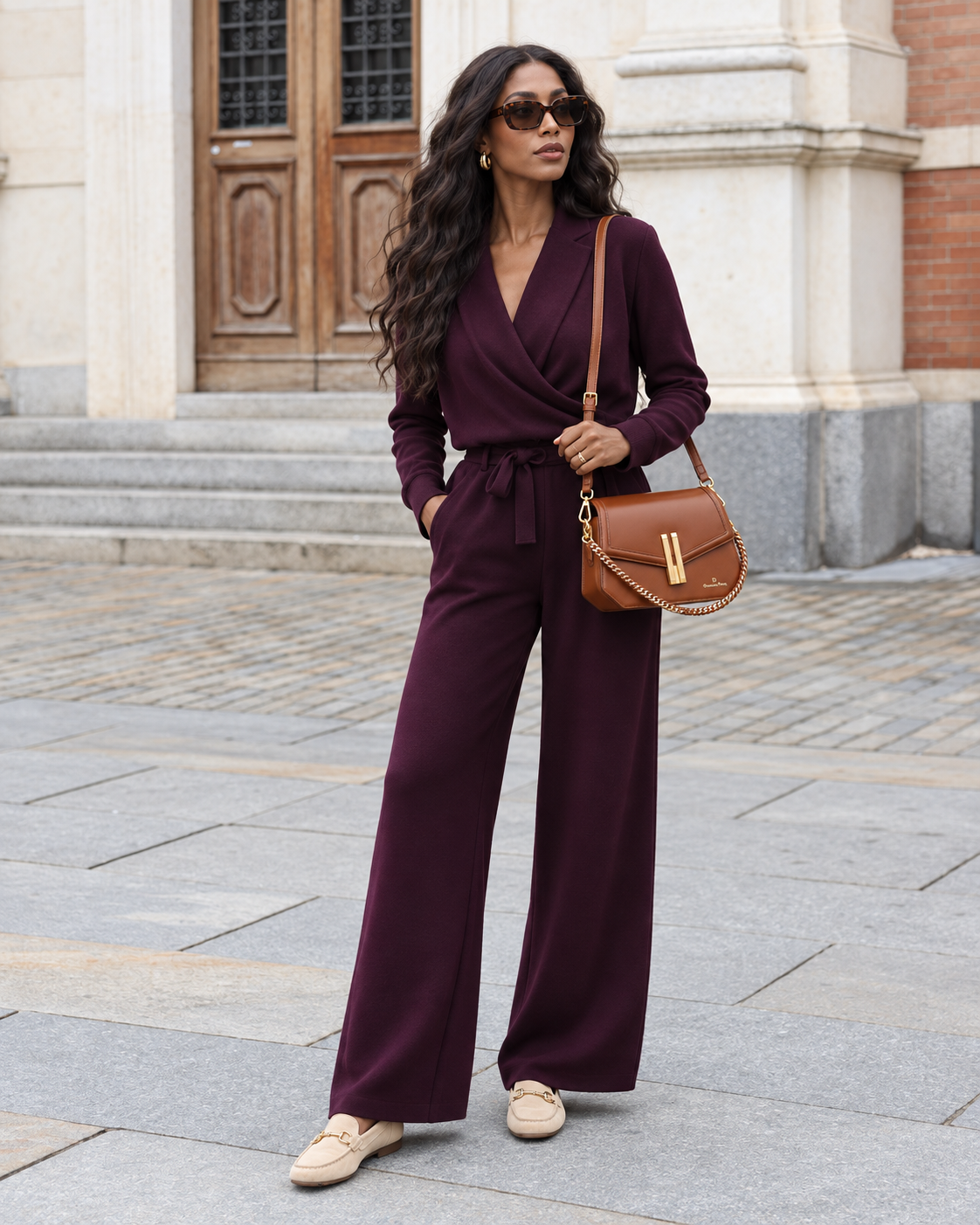 Sac bandoulière Anou porté avec une tenue prune devant une porte classique — Deveaux Paris
