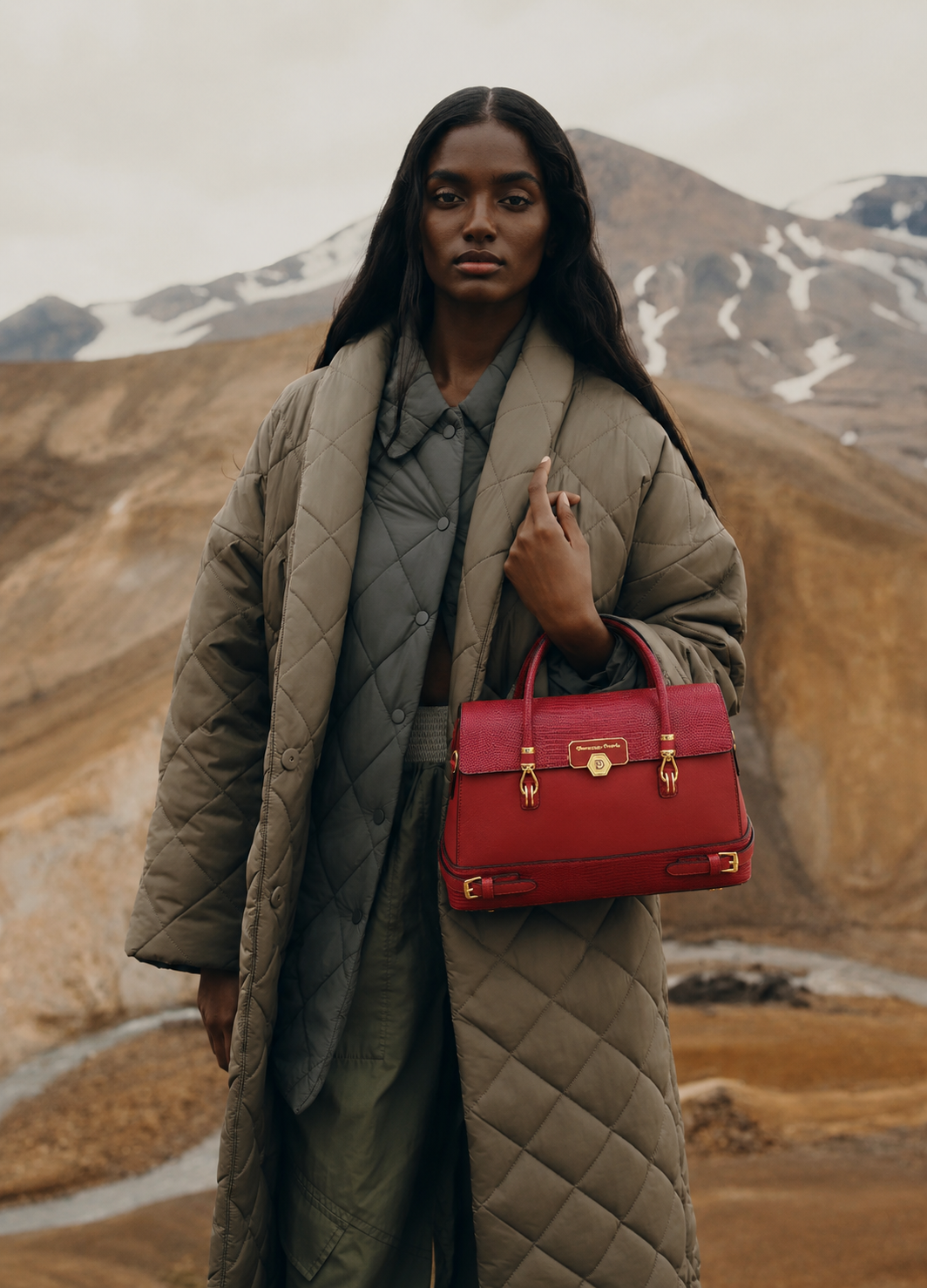 Sac à main MANUELLA en cuir véritable dans une mise en scène mode — DEVEAUX PARIS