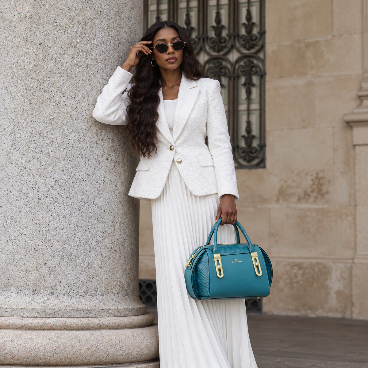 Sac Anissa turquoise porté avec une tenue blanche — Deveaux Paris