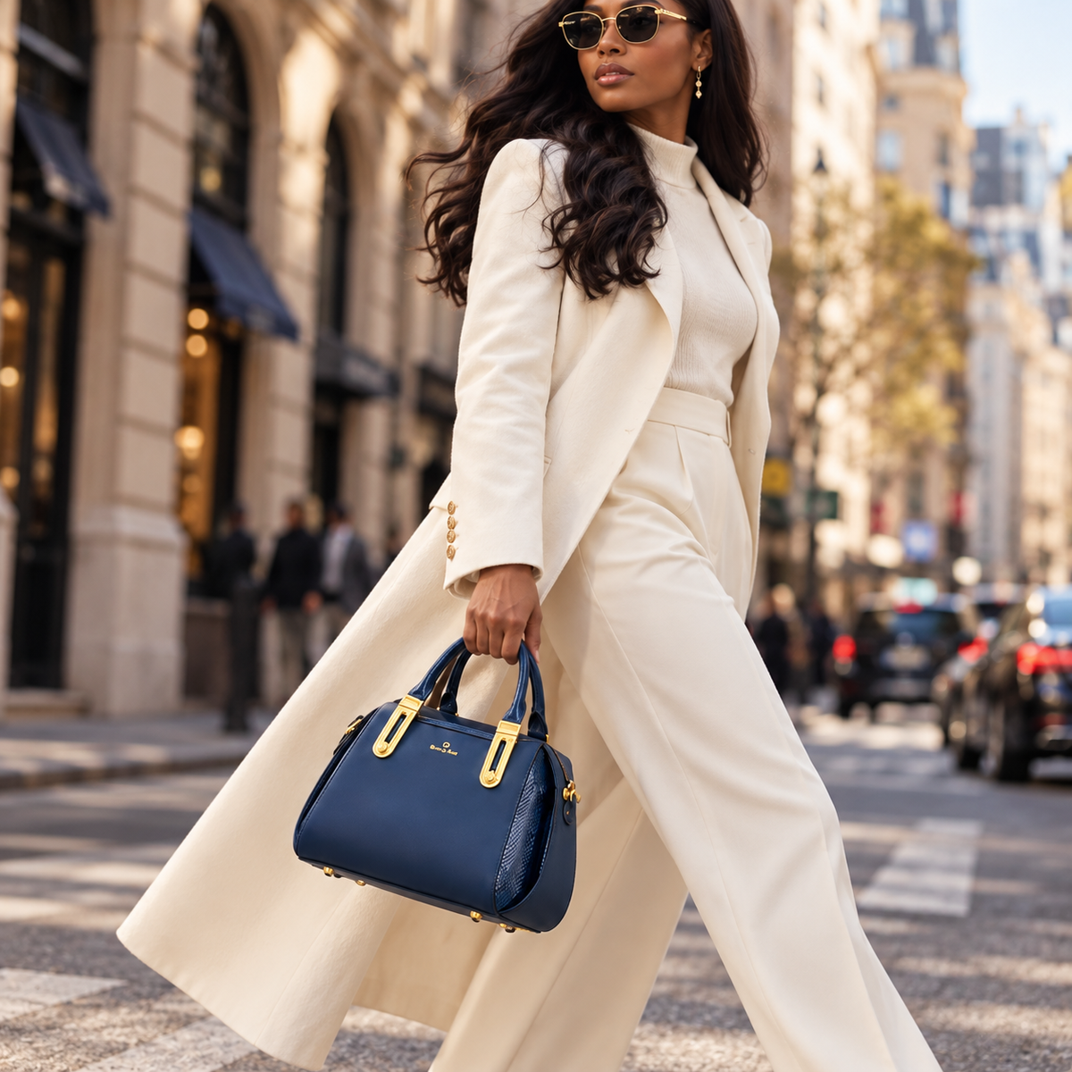 Sac Anissa bleu marine porté avec une tenue crème — Deveaux Paris