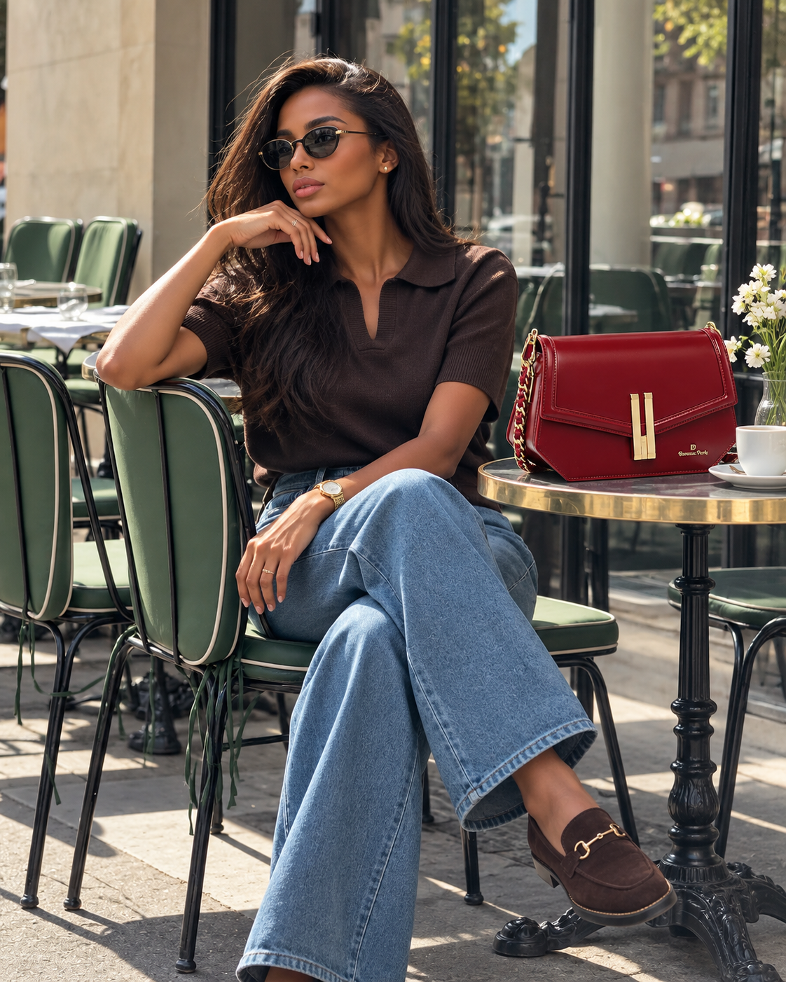 Sac bandoulière Anou dans une scène de café parisien — Deveaux Paris
