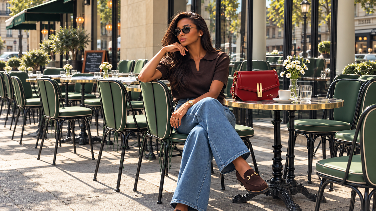 Tenue de mode élégante sur une terrasse parisienne — Deveaux Paris