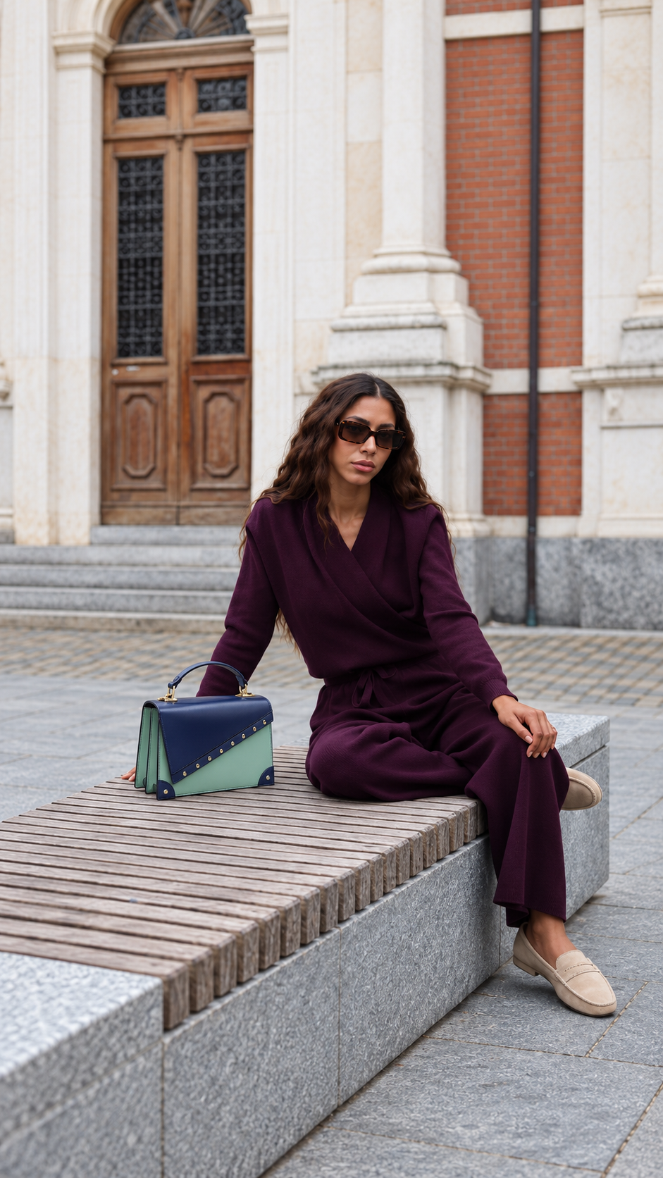 Sac Dashana porté avec une tenue prune devant une façade classique — Deveaux Paris