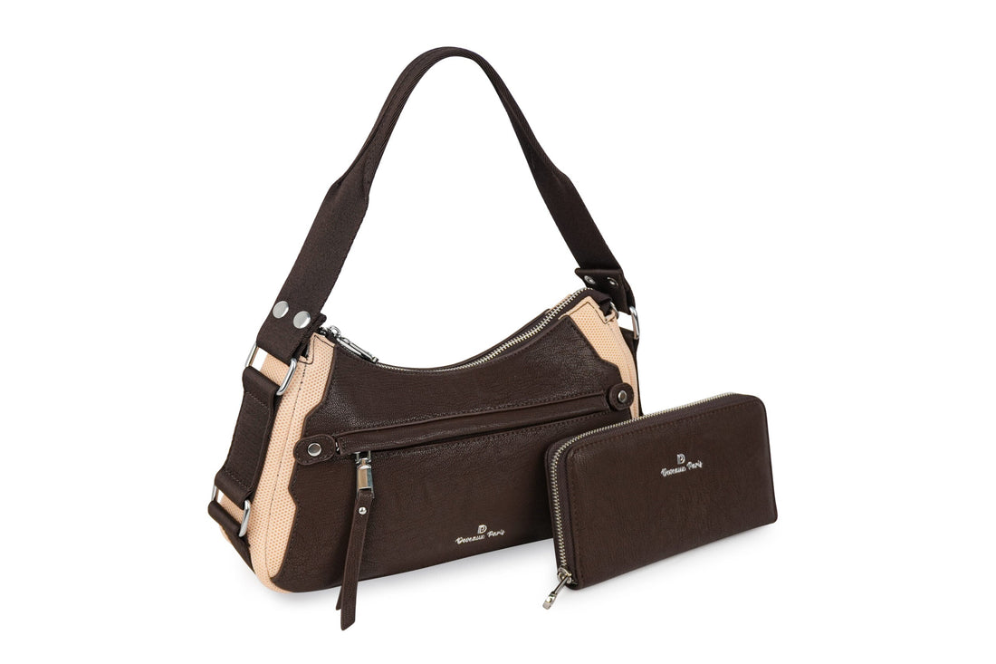 Sac à main Izaya en similicuir et maille tressée, coloris marron — Deveaux Paris