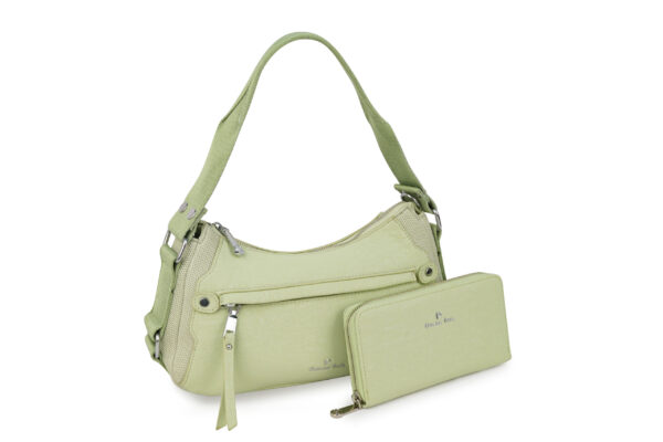 Sac à main Izaya en similicuir et maille tressée, coloris vert clair — Deveaux Paris