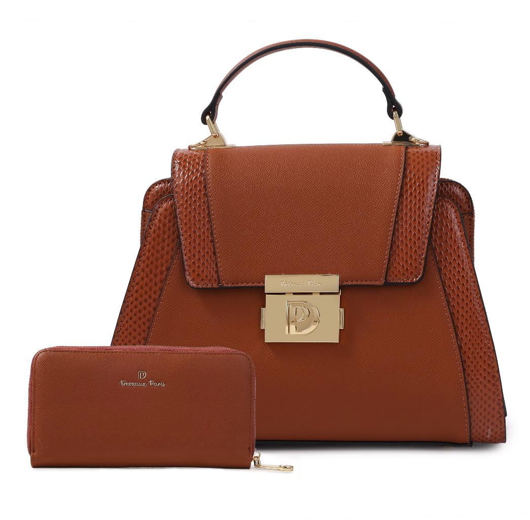 Sac à main Kady en similicuir lisse et effet croco, coloris marron foncé — Deveaux Paris