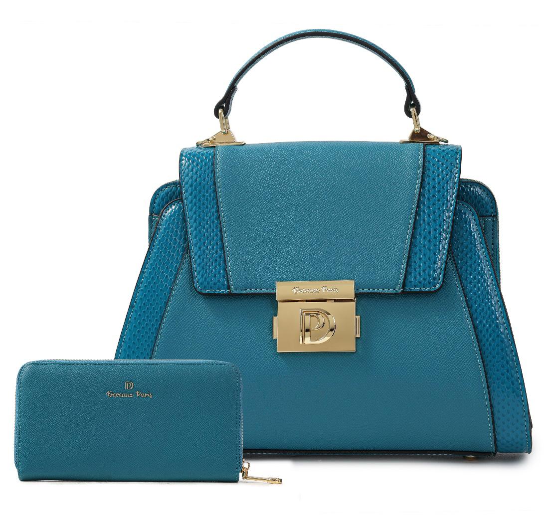 Sac à main Kady en similicuir lisse et effet croco, coloris bleu canard — Deveaux Paris