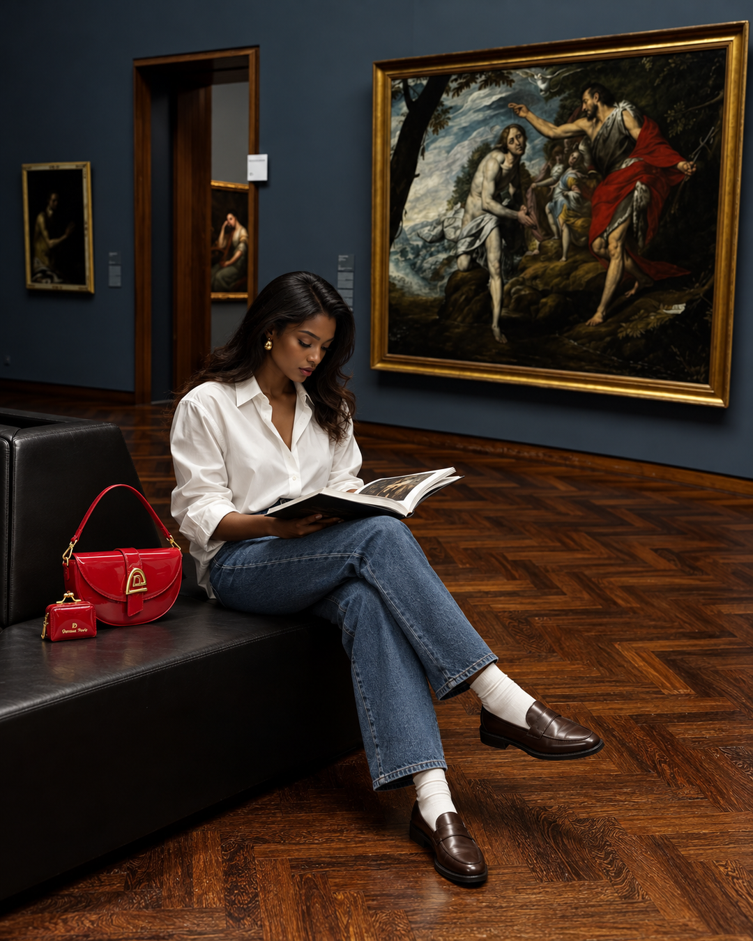 Sac bandoulière Sephora dans une scène de lecture au musée d’art — Deveaux Paris