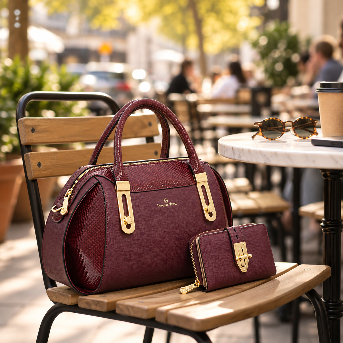 Sac Anissa vernis effet reptile, coloris bordeaux, dans un café parisien — Deveaux Paris