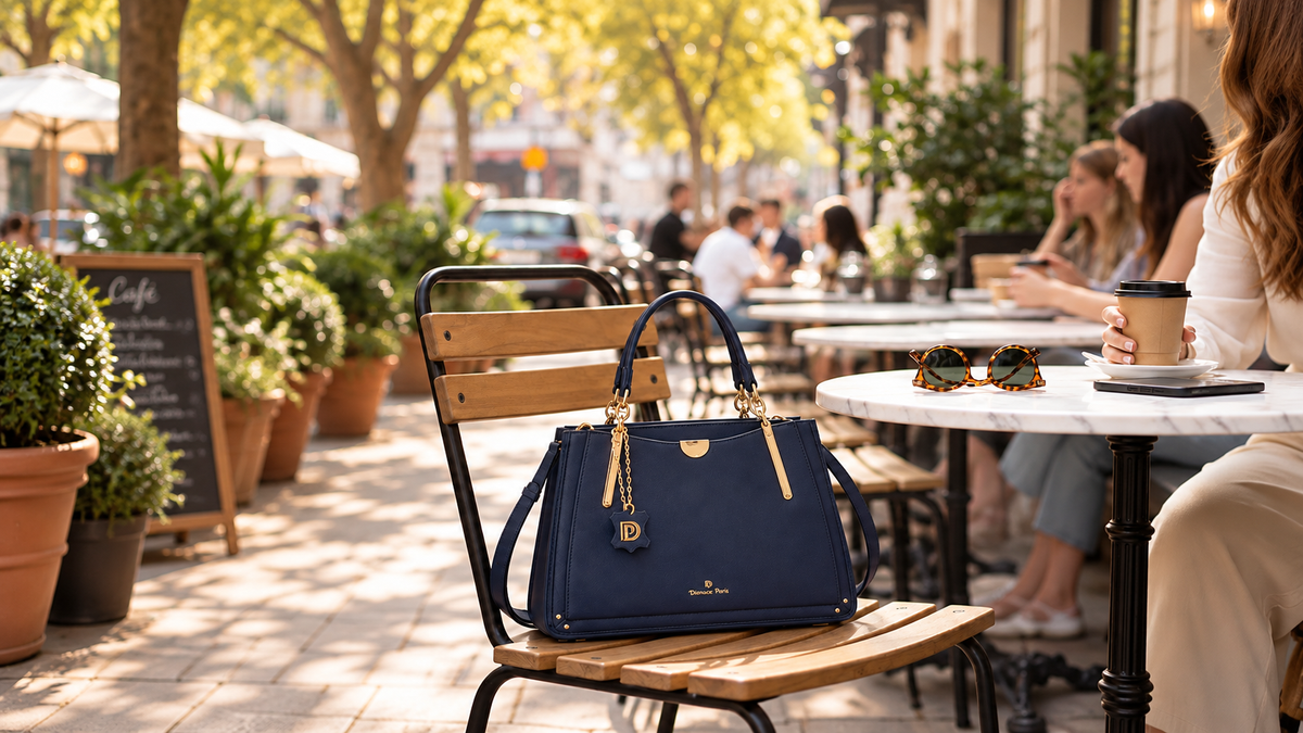 Sac à main présenté à la terrasse d’un café parisien ensoleillé — Deveaux Paris
